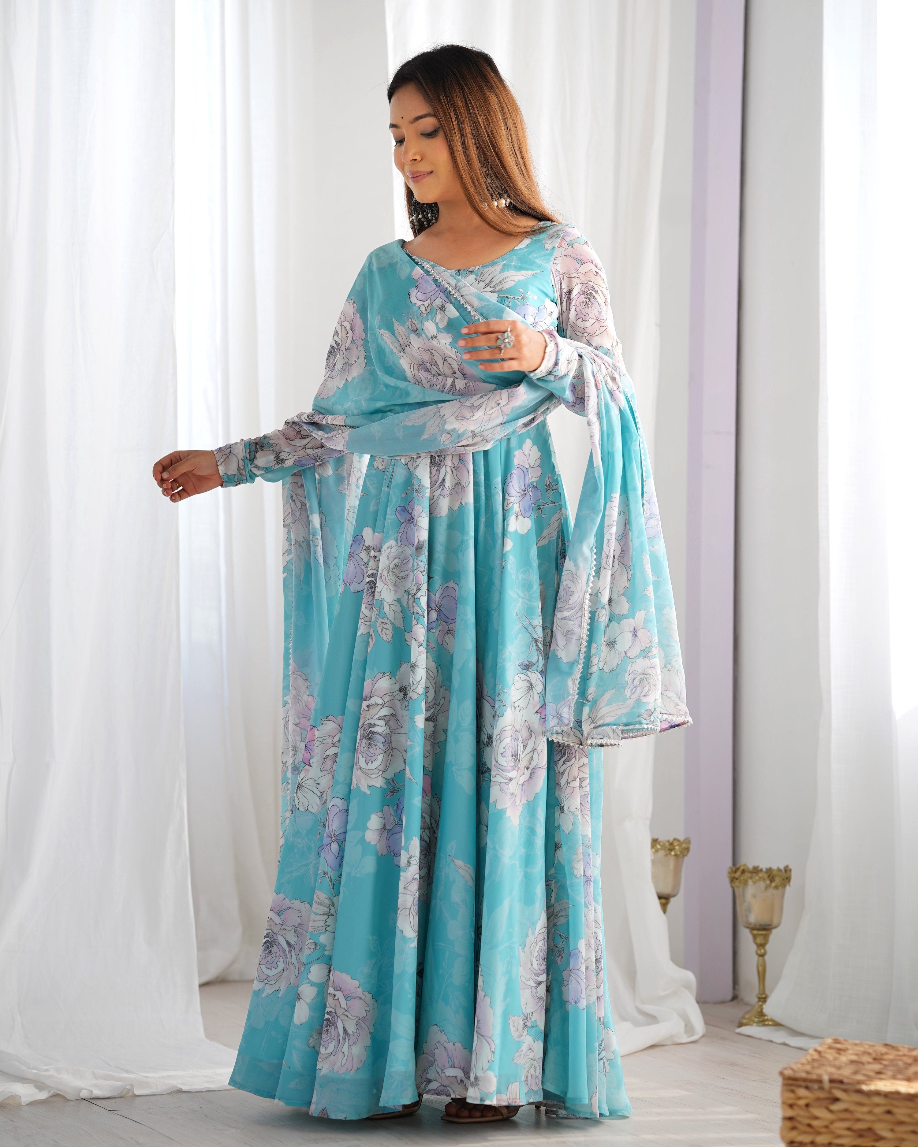 Evanik Skyblue Georgette Floral Print Fully Flair Gown Dupatta Ready To Wear - Distacart