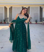 Thumbnail for Yash Enterprise Green Faux Blooming Party Wear Embroidery Suit Set - Distacart