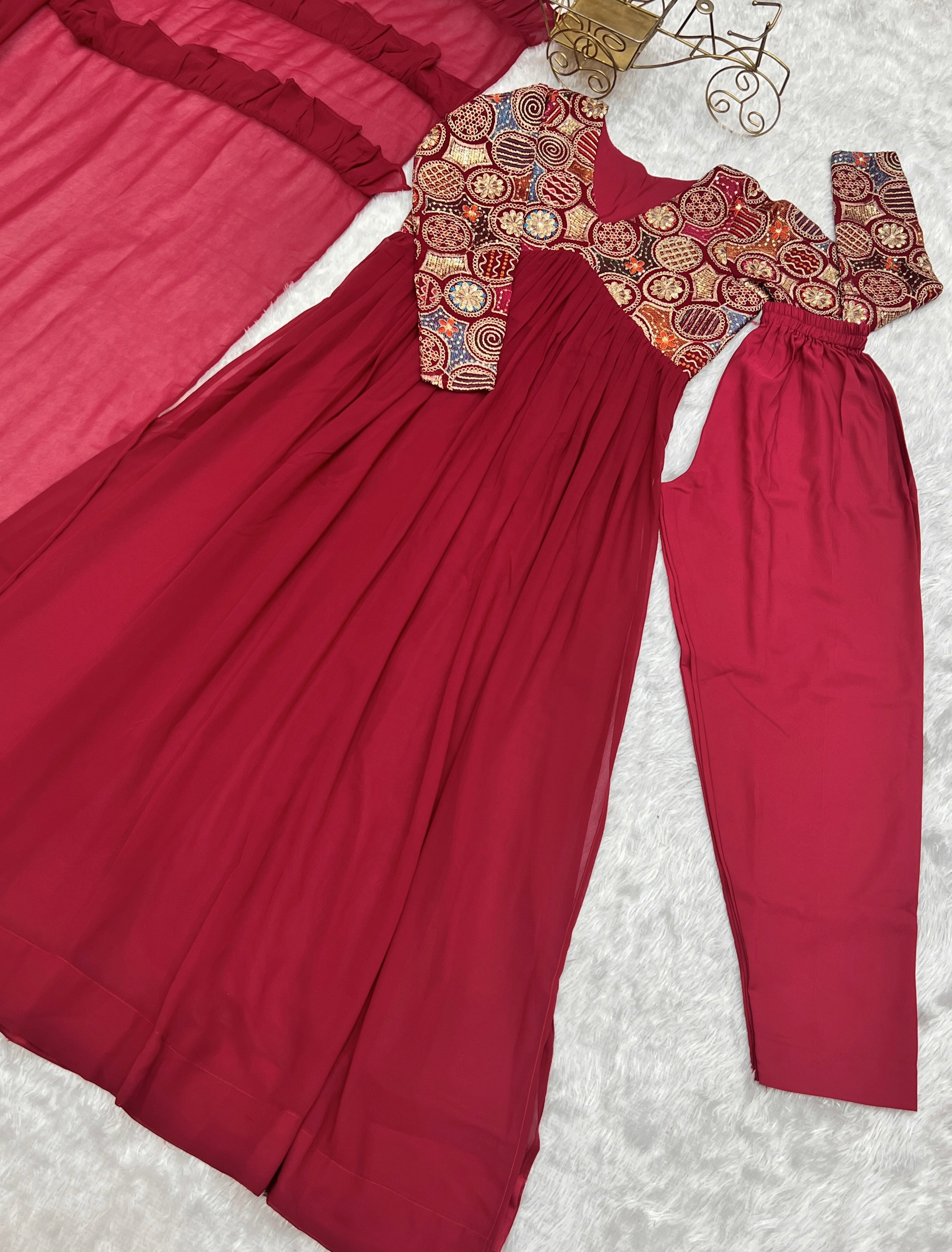 Lorenvalley Fashion Red Heavy Soft Georgette With Embroidered Work Fully Flared Anarkali Pant With Dupatta Set - Red - Distacart