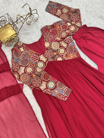Thumbnail for Lorenvalley Fashion Red Heavy Soft Georgette With Embroidered Work Fully Flared Anarkali Pant With Dupatta Set - Red - Distacart