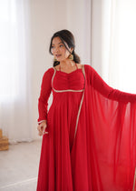 Thumbnail for Evanik Red Georgette Plain Fully Flair Gown Dupatta - Distacart