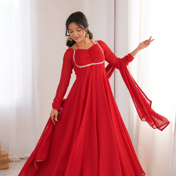 Evanik Red Georgette Plain Fully Flair Gown Dupatta - Distacart