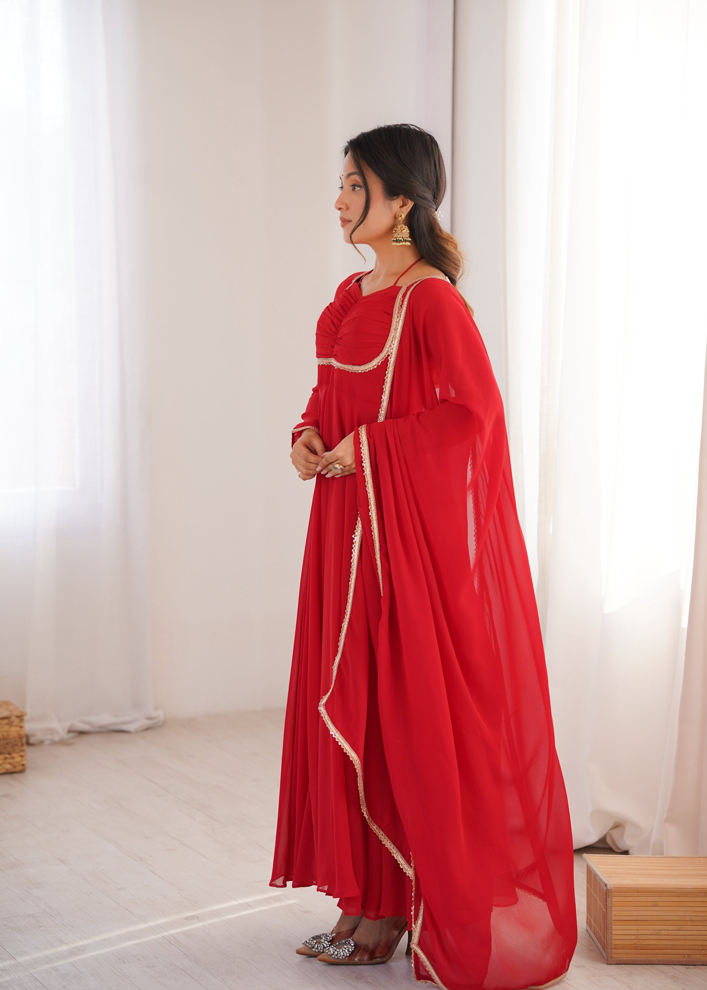 Evanik Red Georgette Plain Fully Flair Gown Dupatta - Distacart