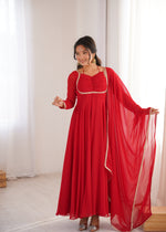 Thumbnail for Evanik Red Georgette Plain Fully Flair Gown Dupatta - Distacart