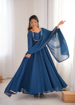Thumbnail for Evanik Teal Georgette Plain Fully Flair Gown Dupatta - Distacart