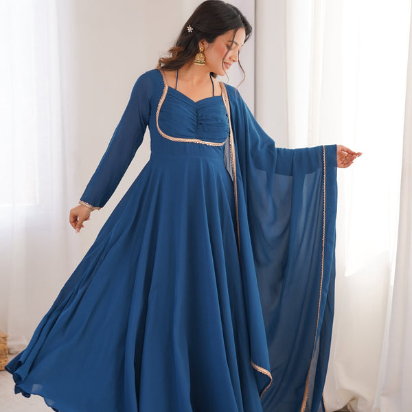 Evanik Teal Georgette Plain Fully Flair Gown Dupatta - Distacart