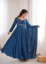 Thumbnail for Evanik Teal Georgette Plain Fully Flair Gown Dupatta - Distacart