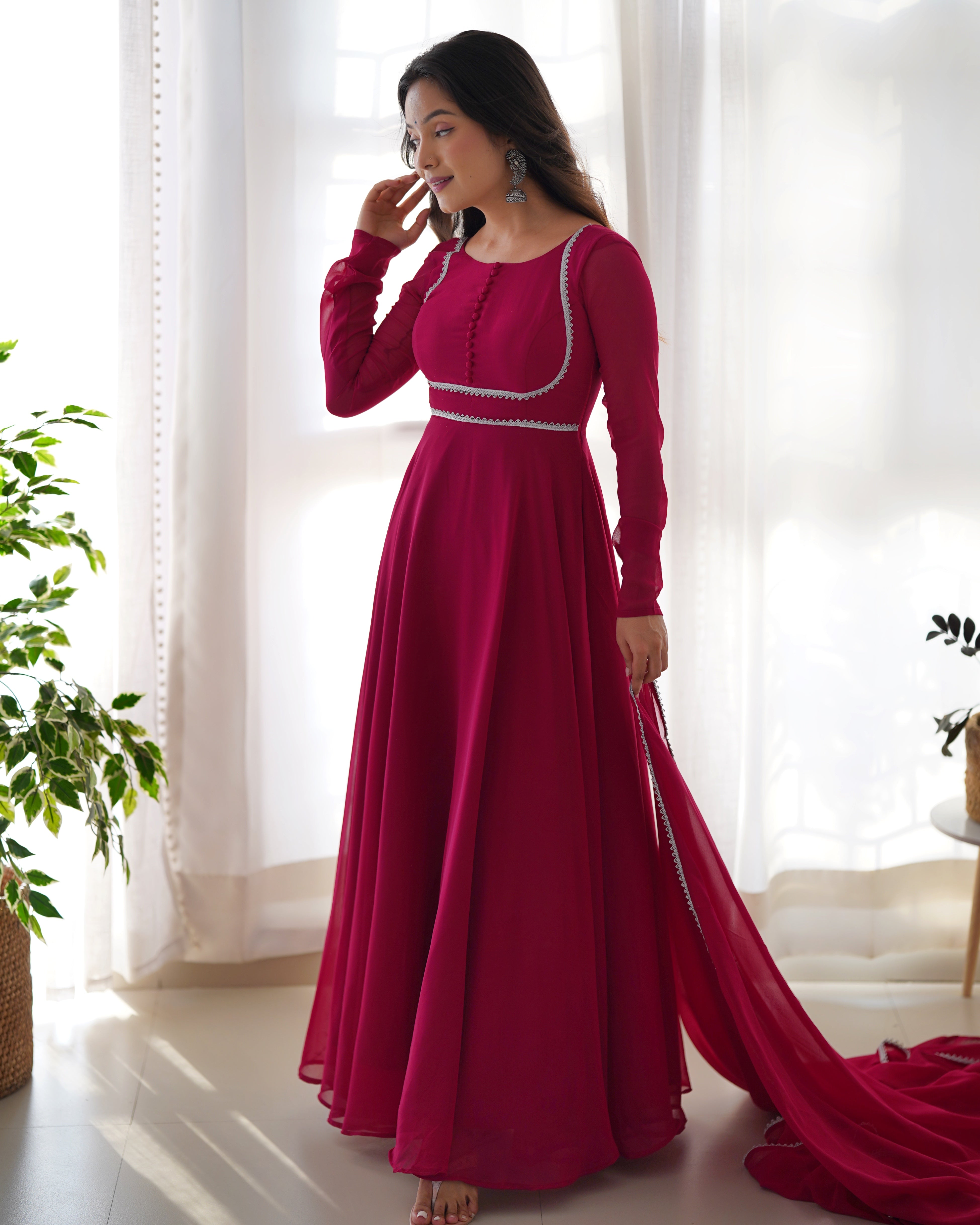 Lorenvalley Fashion Pink Georgette Anarkali Gown Dupatta Set With Pant Ready to Wear - Pink - Distacart