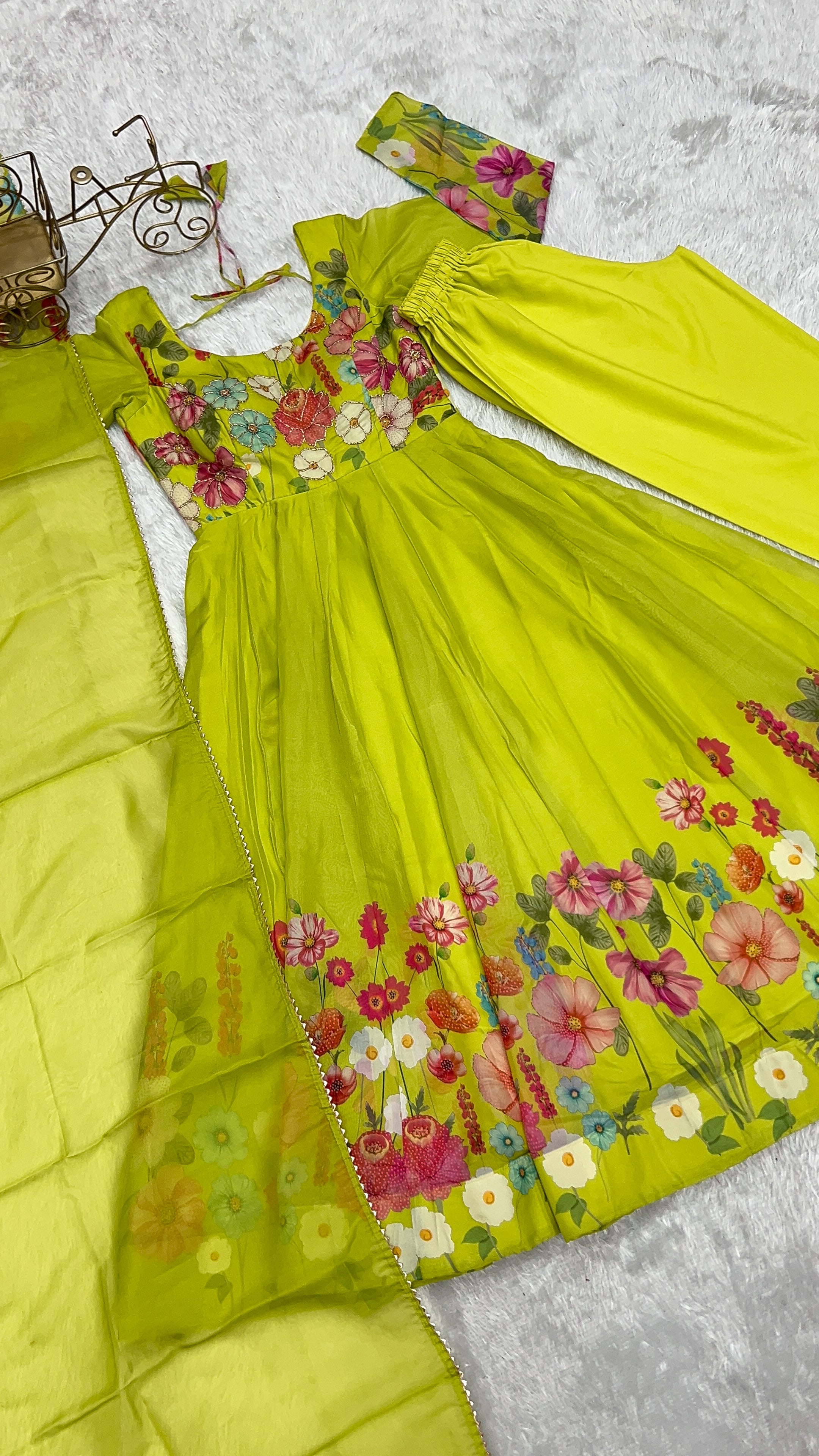 Lorenvalley Fashion Parrot Soft Organza Silk With Floral Print Fully Flared Anarkali Pant With Dupatta Set - Green - Distacart