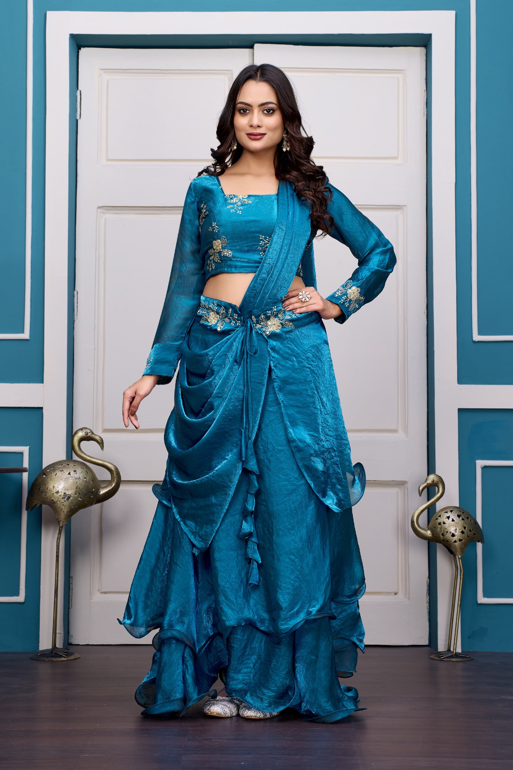 Yash Enterprise Rama Green Vichitra Silk Party Wear Embroidery Crop Top With Blouse Lehenga Choli - Distacart