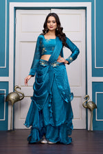 Thumbnail for Yash Enterprise Rama Green Vichitra Silk Party Wear Embroidery Crop Top With Blouse Lehenga Choli - Distacart
