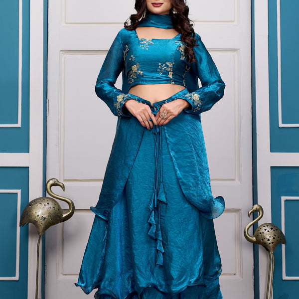 Yash Enterprise Rama Green Vichitra Silk Party Wear Embroidery Crop Top With Blouse Lehenga Choli - Distacart