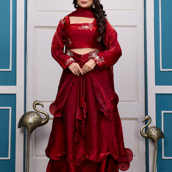 Yash Enterprise Maroon Vichitra Silk Party Wear Embroidery Crop Top With Blouse Lehenga Choli - Distacart