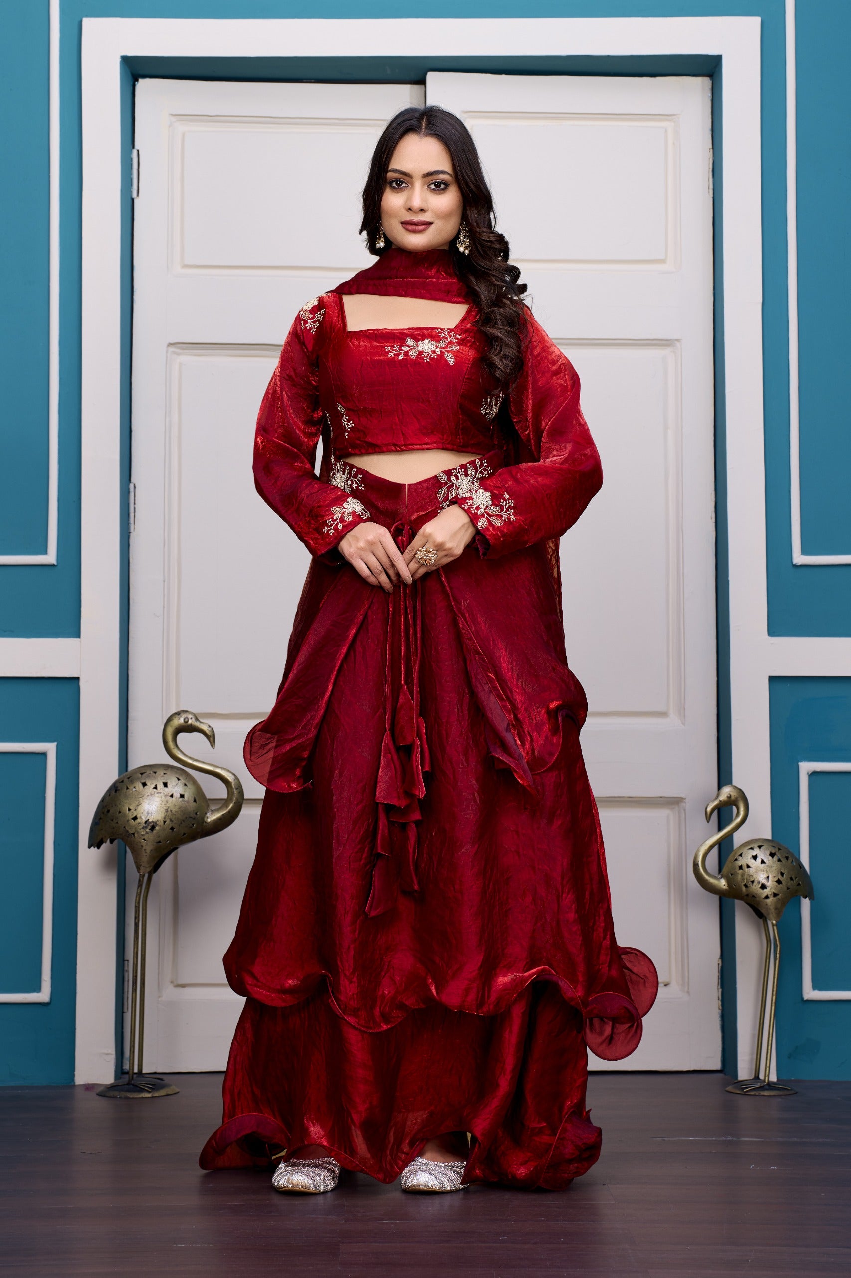 Yash Enterprise Maroon Vichitra Silk Party Wear Embroidery Crop Top With Blouse Lehenga Choli - Distacart