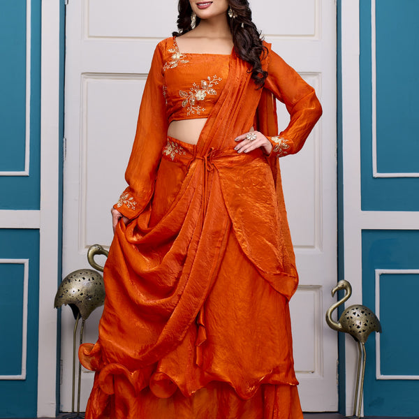 Yash Enterprise Orange Vichitra Silk Party Wear Embroidery Crop Top With Blouse Lehenga Choli - Distacart
