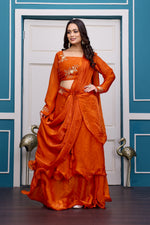 Thumbnail for Yash Enterprise Orange Vichitra Silk Party Wear Embroidery Crop Top With Blouse Lehenga Choli - Distacart