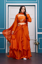 Thumbnail for Yash Enterprise Orange Vichitra Silk Party Wear Embroidery Crop Top With Blouse Lehenga Choli - Distacart