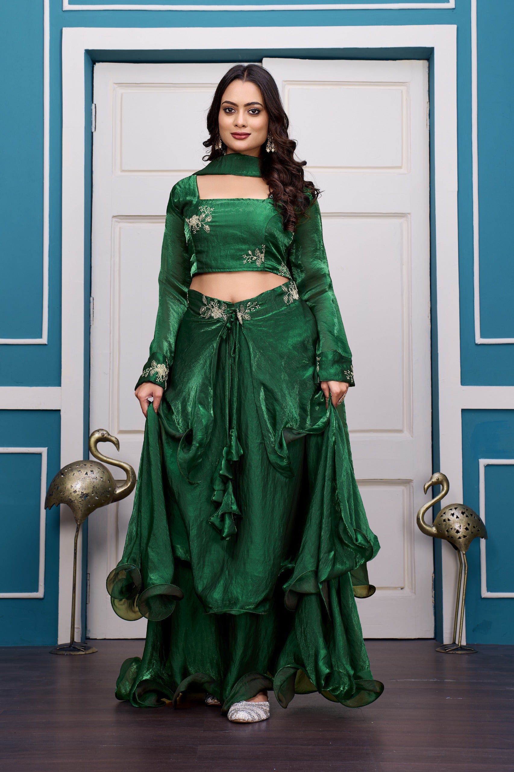 Yash Enterprise Rama Green Vichitra Silk Party Wear Embroidery Crop Top With Blouse Lehenga Choli - Distacart