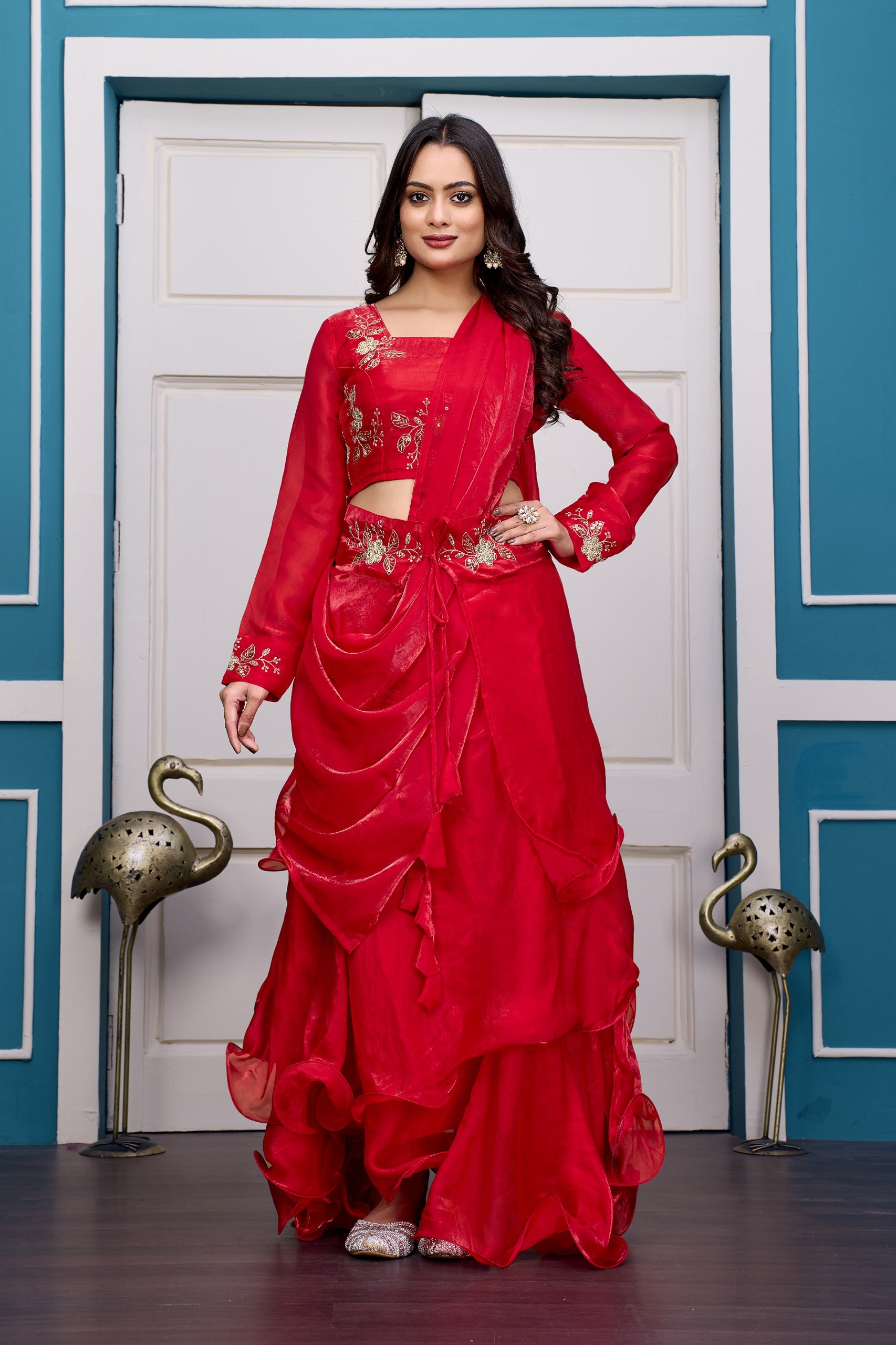 Yash Enterprise Red Vichitra Silk Party Wear Embroidery Crop Top With Blouse Lehenga Choli - Distacart