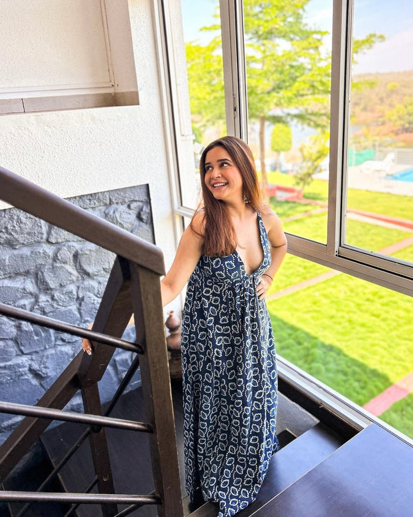 trueBrowns Indigo Dabu Floral Print Cotton Sleeveless Dress | Relove