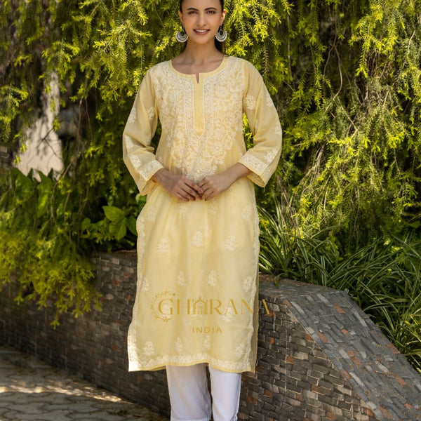 Gharana India Sahiba Chikankari Pastel Yellow Cotton Kurta With Bakhiya Work - Distacart