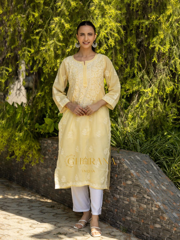 Gharana India Sahiba Chikankari Pastel Yellow Cotton Kurta With Bakhiya Work