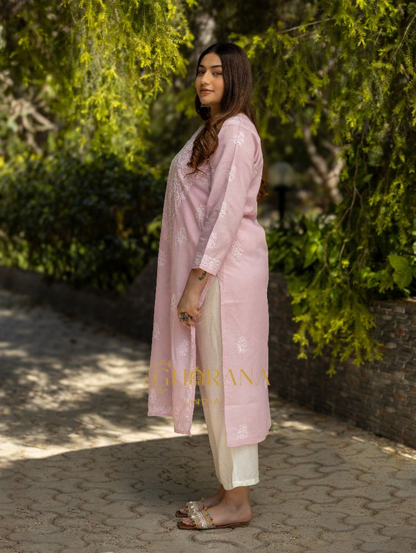 Gharana India Sahiba Chikankari Light Pink Cotton Kurta With Bakhiya Work