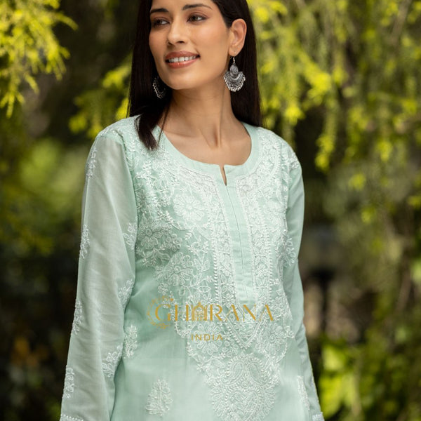 Gharana India Sahiba Chikankari Pastel Green Cotton Kurta With Bakhiya Work - Distacart