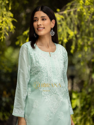 Gharana India Sahiba Chikankari Pastel Green Cotton Kurta With Bakhiya Work