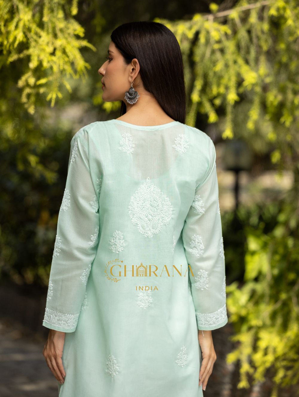 Gharana India Sahiba Chikankari Pastel Green Cotton Kurta With Bakhiya Work
