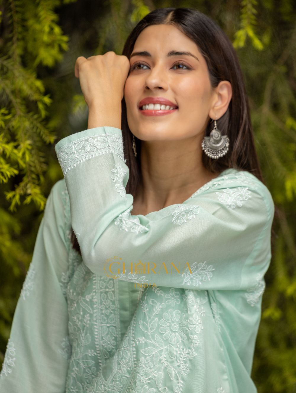 Gharana India Sahiba Chikankari Pastel Green Cotton Kurta With Bakhiya Work