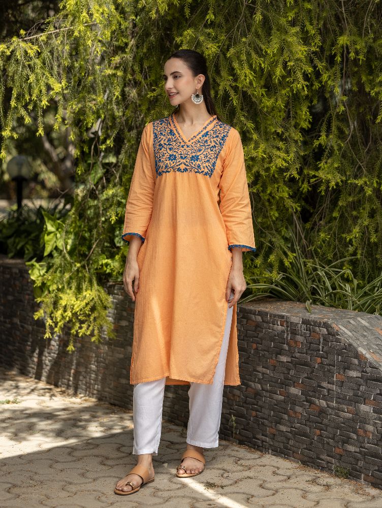 Gharana India Mul Cotton Blush Orange Kurta With Fine Chikankari In Blue Thread