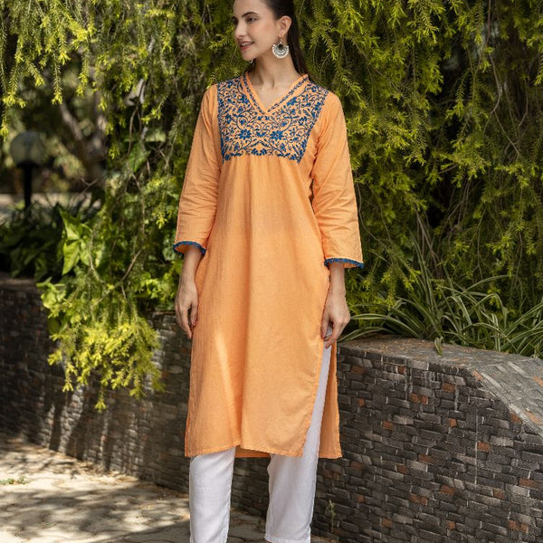 Gharana India Mul Cotton Blush Orange Kurta With Fine Chikankari In Blue Thread