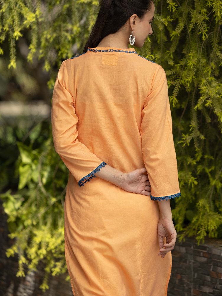 Gharana India Mul Cotton Blush Orange Kurta With Fine Chikankari In Blue Thread