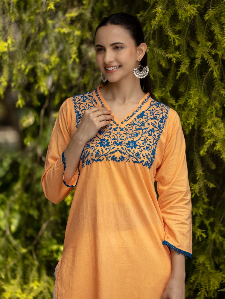 Gharana India Mul Cotton Blush Orange Kurta With Fine Chikankari In Blue Thread