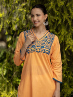 Thumbnail for Gharana India Mul Cotton Blush Orange Kurta With Fine Chikankari In Blue Thread