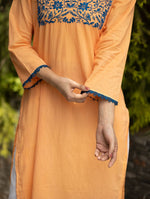 Thumbnail for Gharana India Mul Cotton Blush Orange Kurta With Fine Chikankari In Blue Thread