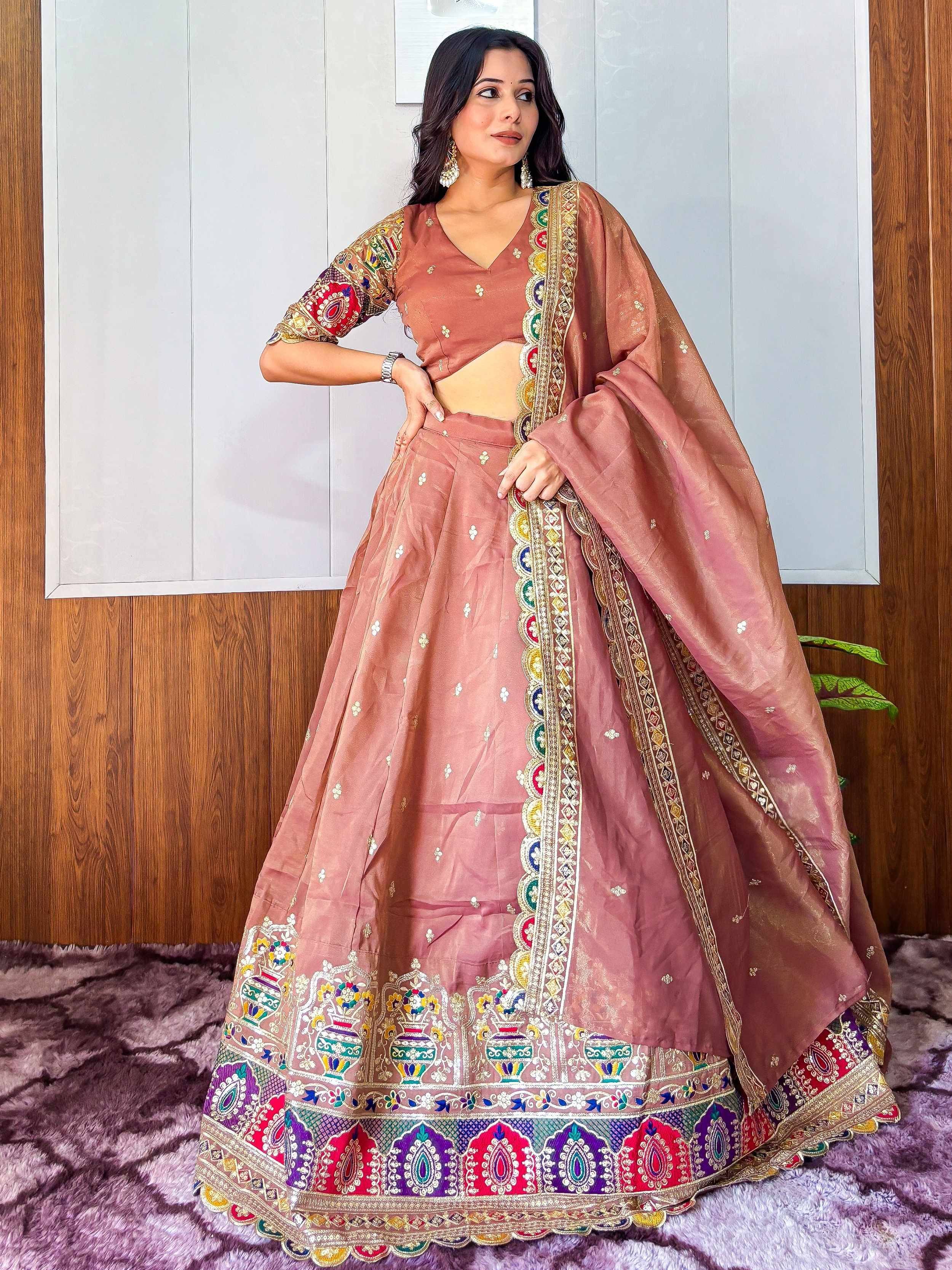 Tulsi Art Elegant Rust Silk Sequins Embroidered Lehenga Choli With Dupatta - Dista