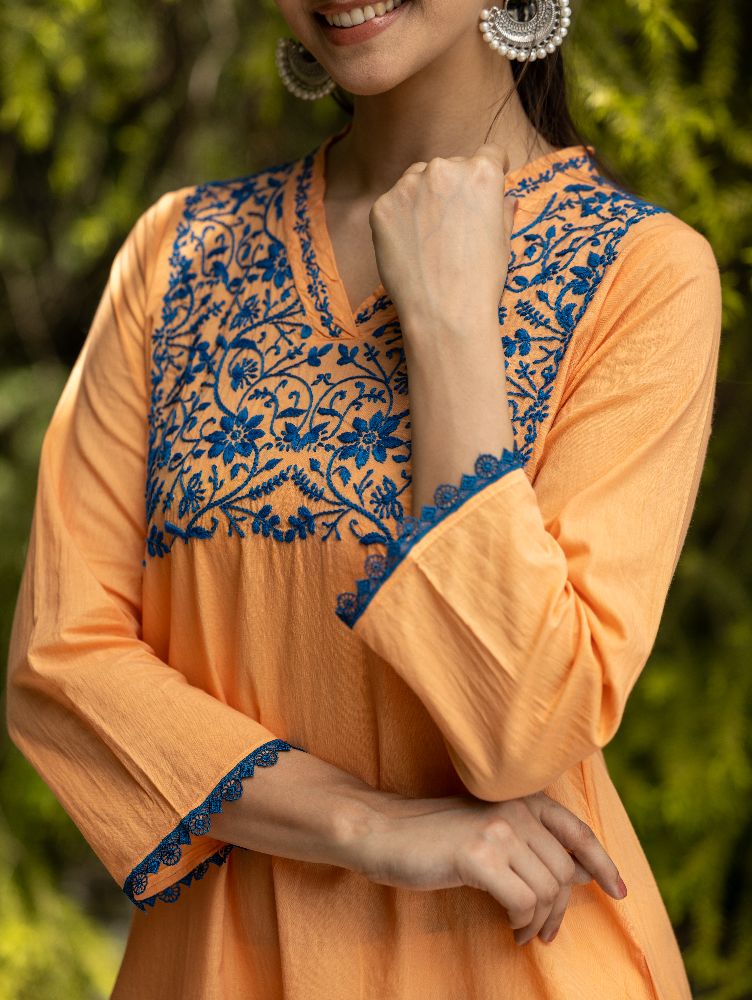 Gharana India Mul Cotton Blush Orange Kurta With Fine Chikankari In Blue Thread