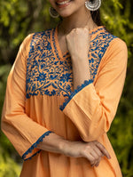 Thumbnail for Gharana India Mul Cotton Blush Orange Kurta With Fine Chikankari In Blue Thread