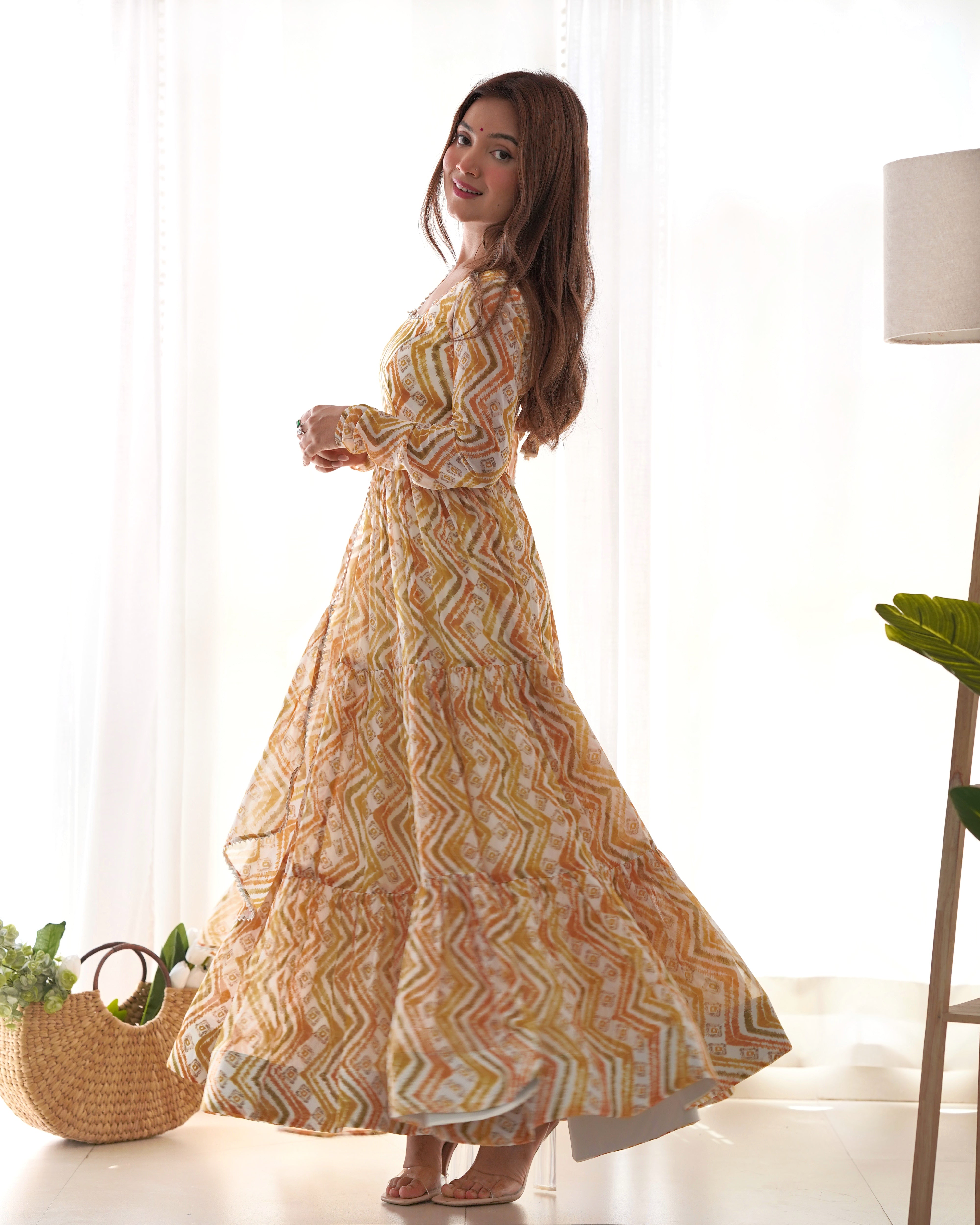 Lorenvalley Fashion Yellow Pure Faux Georgette Zigzag Print Fully Flair Anarkali Pant With Dupatta - Yellow - Distacart