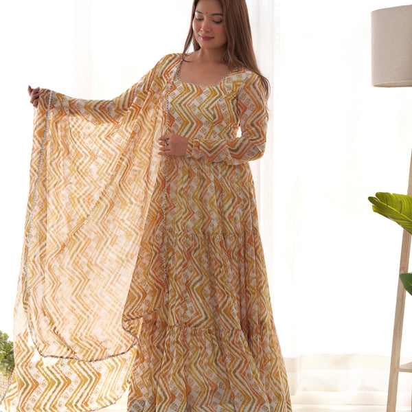Lorenvalley Fashion Yellow Pure Faux Georgette Zigzag Print Fully Flair Anarkali Pant With Dupatta - Yellow - Distacart