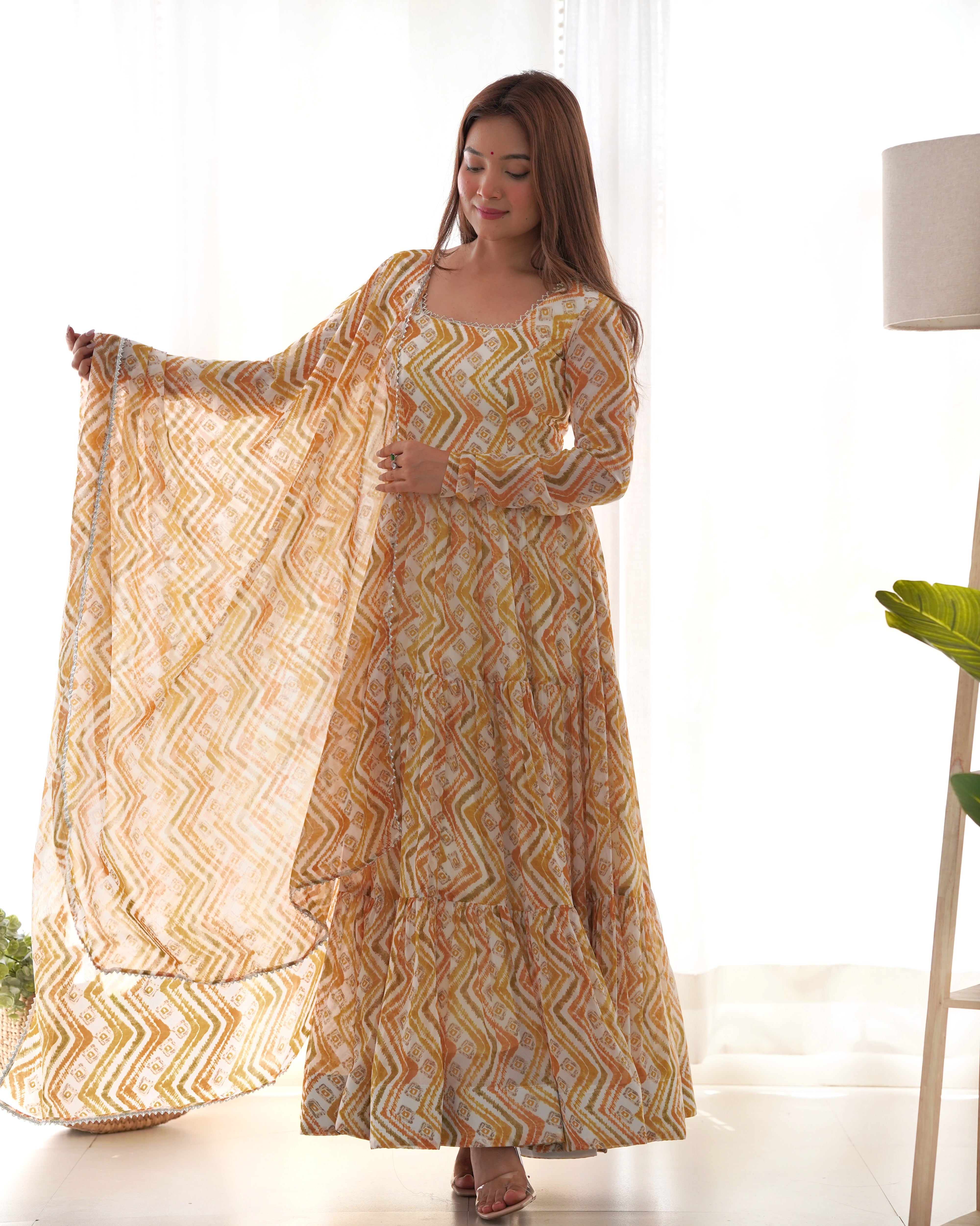 Lorenvalley Fashion Yellow Pure Faux Georgette Zigzag Print Fully Flair Anarkali Pant With Dupatta - Yellow - Distacart