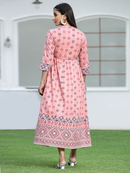 Juniper Peach Geometric Printed Pure Cotton Maxi Dress With Lace Work - Distacart