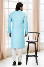 Thumbnail for Raivat Ethnic Cotton Thread Work Kurta Pajama In Sky Blue Colour - Dista