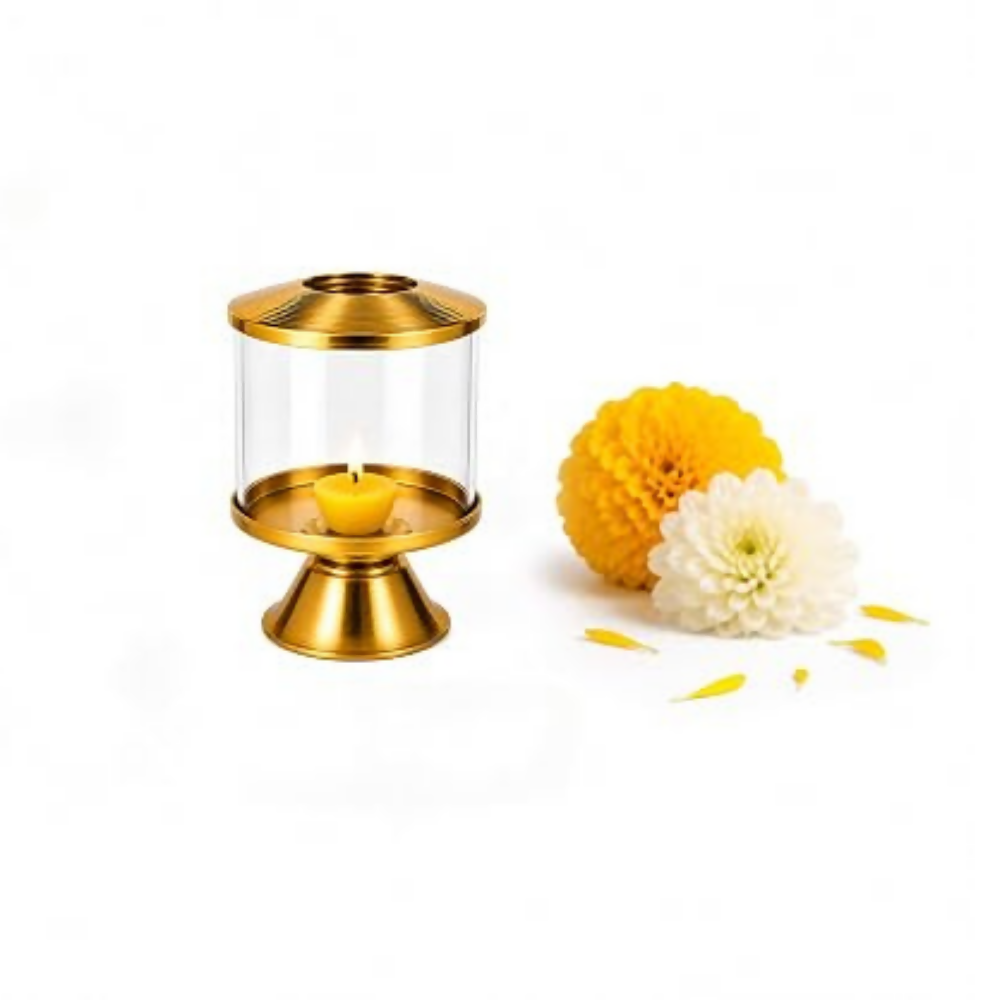 Not Available Pure Brass Ghee Diya for Puja with Glass Cover - Dista