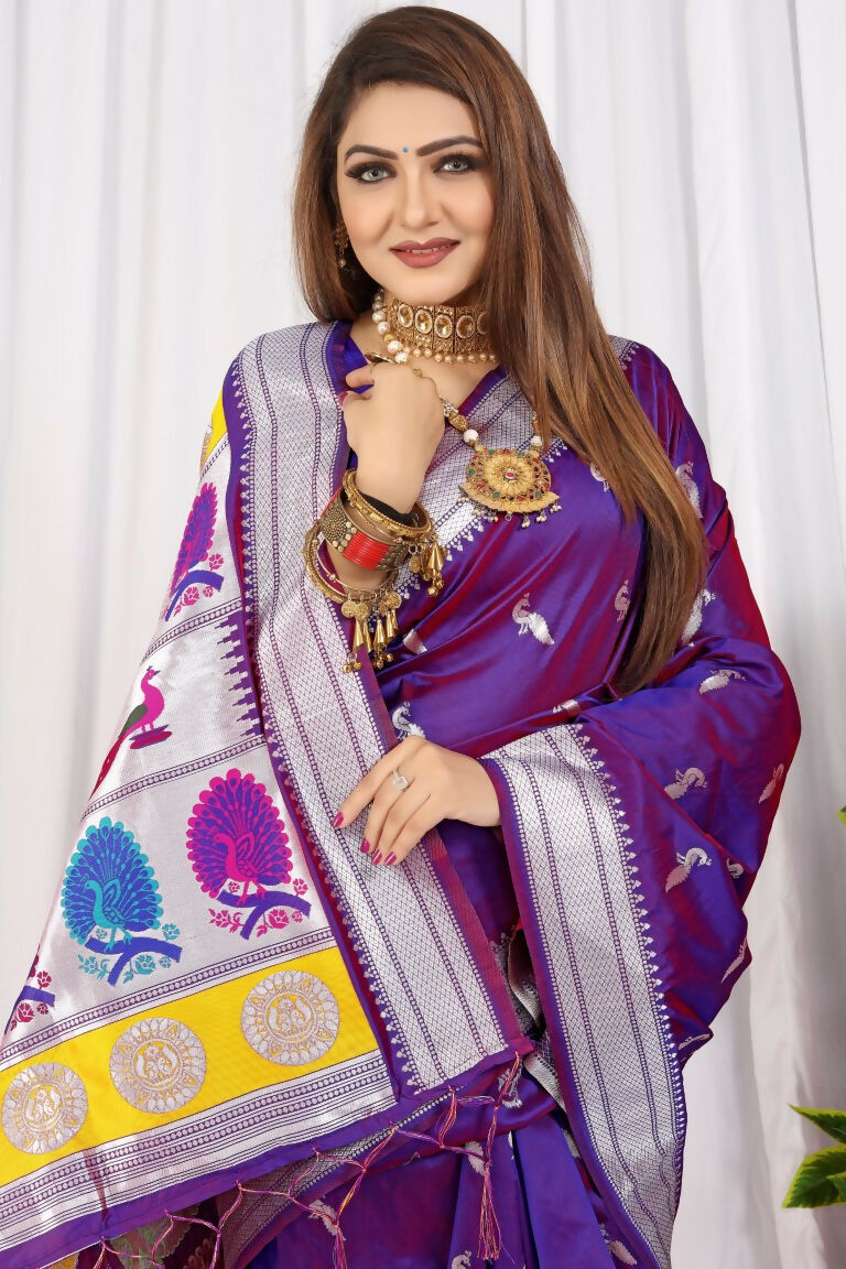 Jyoti Fashion Women's Purple Paithani Silk Zari Woven Saree with Blouse - Distacart