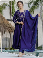 Thumbnail for The52 Blue Women's Beautiful Embroidered Vichitra Silk Fabric with Flared Kurta, Pant and Dupatta Set - Distacart