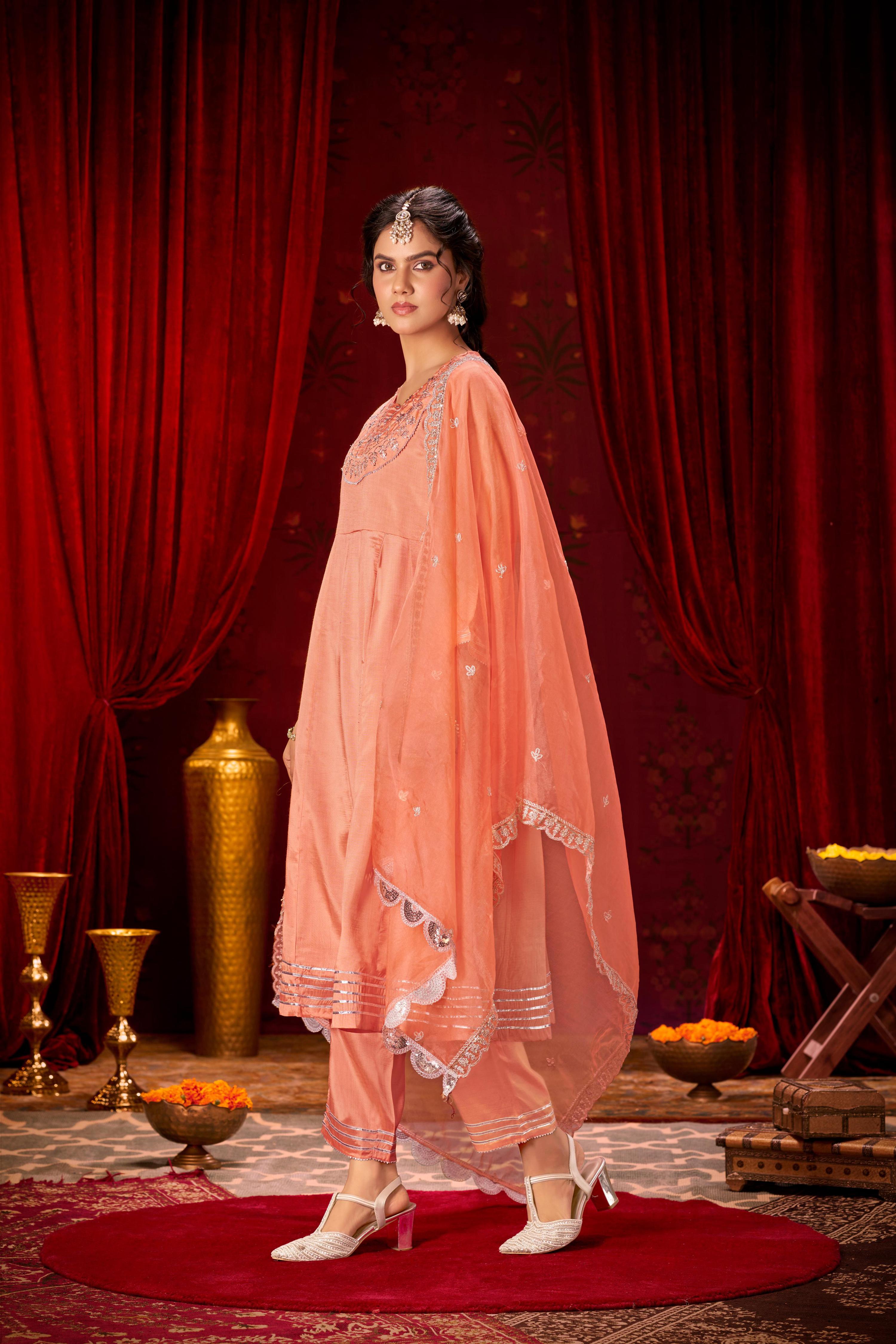 BulBul Indu Muslin Peach Kurta Set With Dupatta