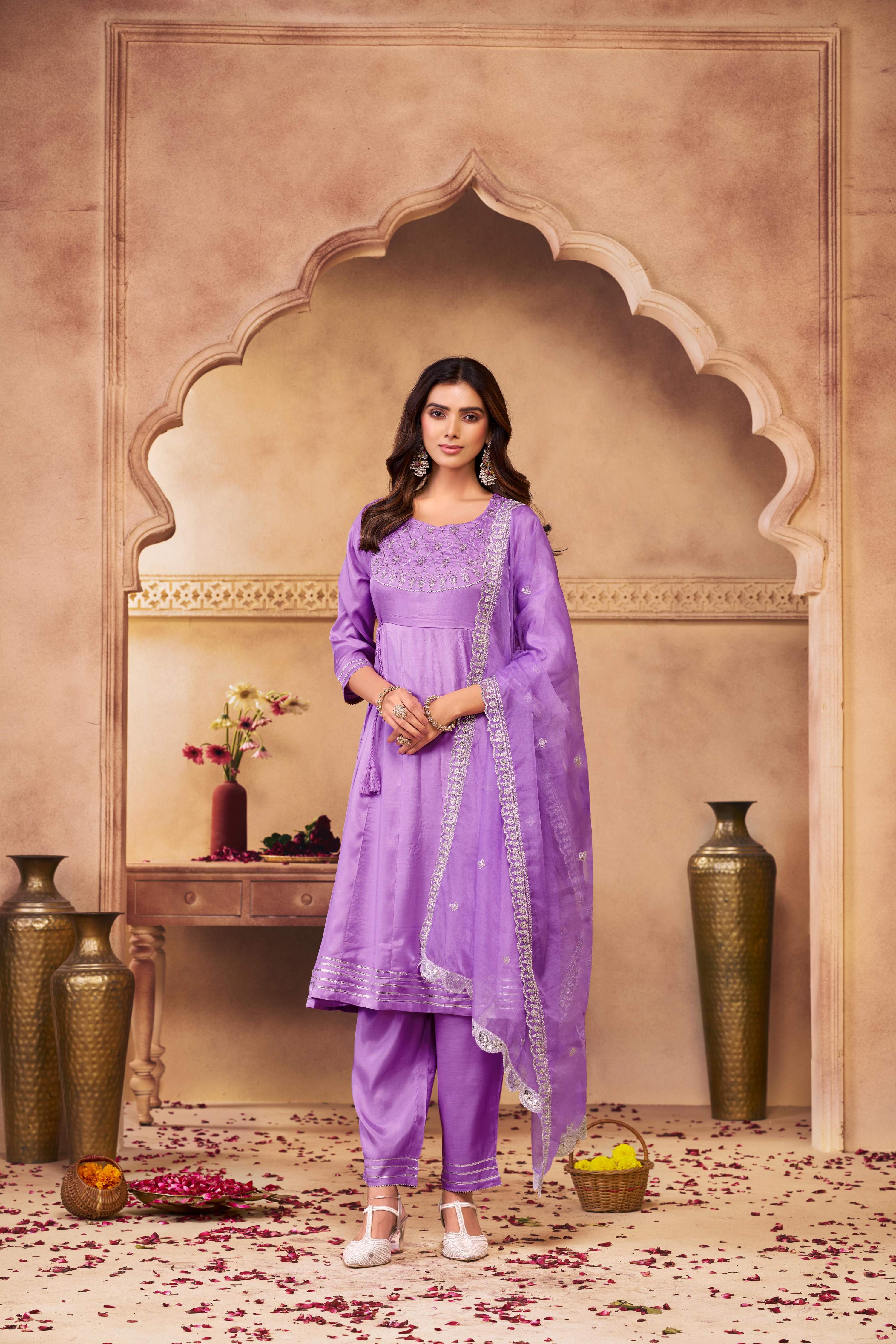 BulBul Indu Muslin Purple Kurta Set With Dupatta